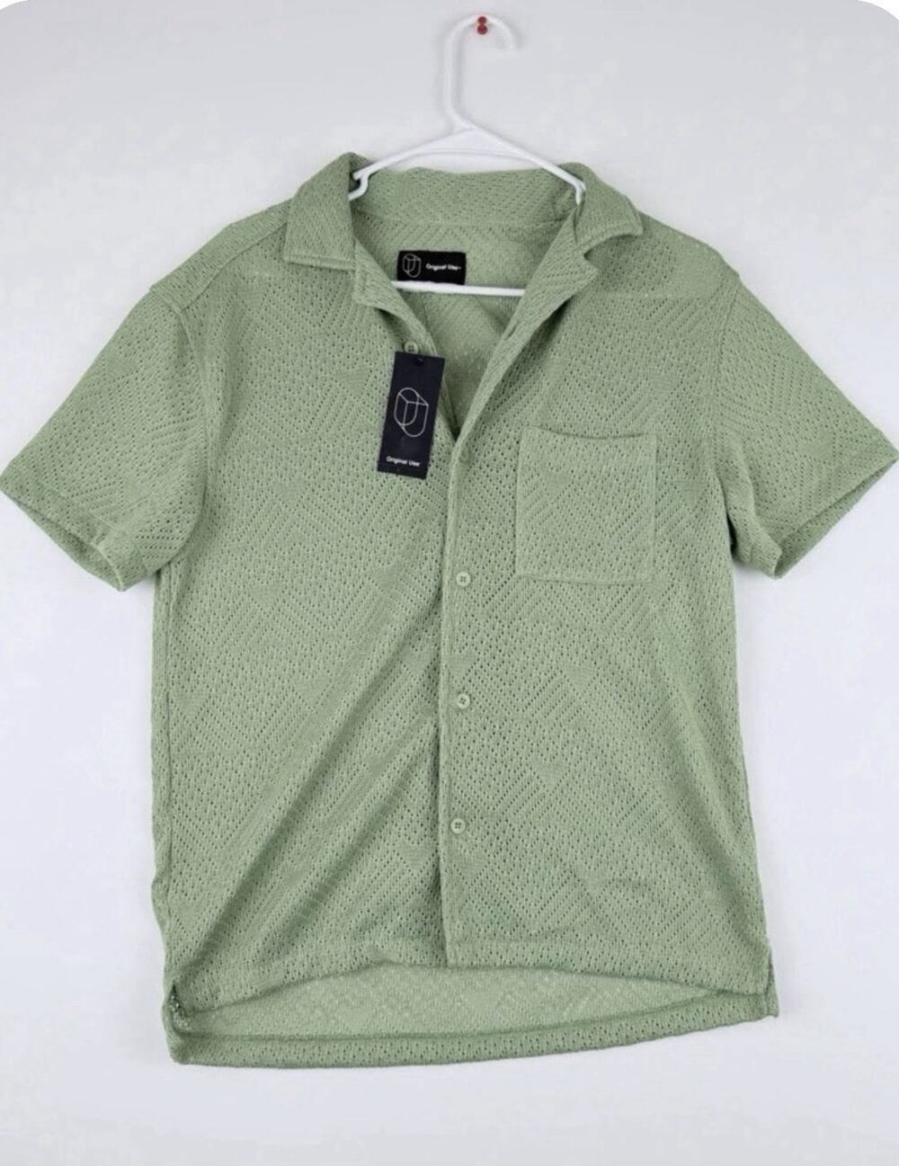 Original Use Men's Green Textured Knit Short Sleeve Collared Shirt Pocket S